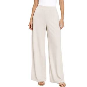 Halston wide leg stretch faille pant in stone neutral solid elastic waist Size M